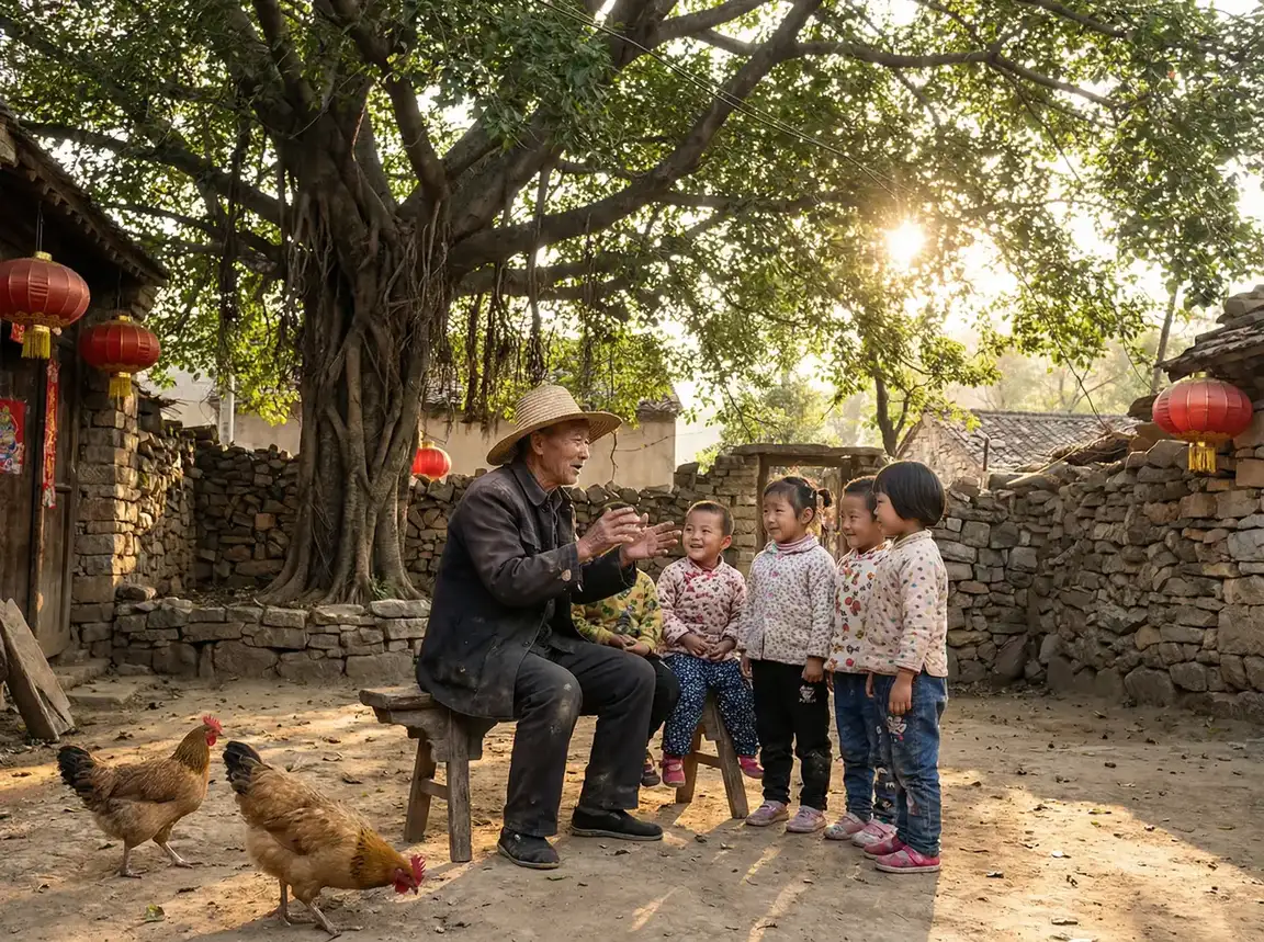 老人在大榕树下给孩子们讲故事 - 13000部幼儿视频的背景故事 乡村记忆